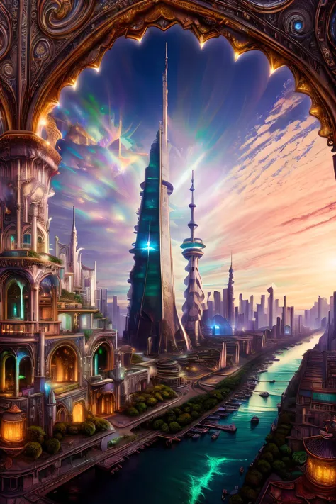 a view of a futuristic city with a river and a tower