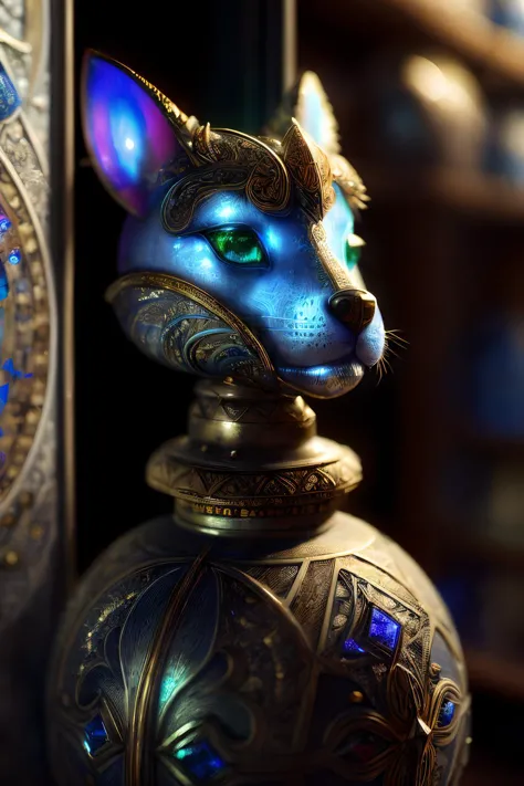 there is a blue cat statue sitting on top of a vase