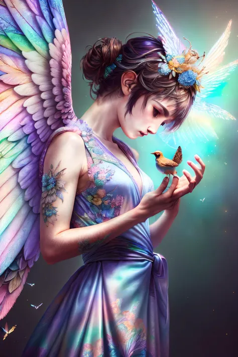 a woman with a butterfly in her hand and a bird in her hand