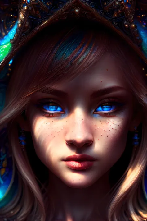 a close up of a girl with blue eyes wearing a crown