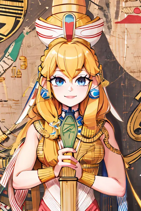 perfect face, intricate details, <lora:egypt:0.8>, egypt, (on papyrus)
((masterpiece,best quality)), absurdres,
<lora:Princess_Peach_Nintendo:0.8>, Swordfighter_Peach,
solo, smiling, looking at viewer,