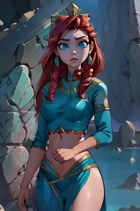 <lora:egyptstyle:0.8>, <lora:disneyprincesspack:0.5>, egypt, Ariel, red hair, blue eyes, green and purple clothing || masterpiec...