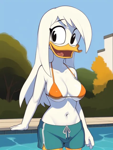 A cartoon duck with a bikini and glasses standing in a pool