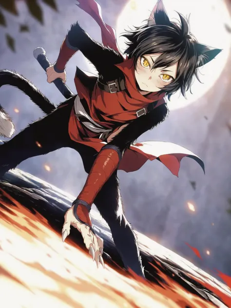 anime boy with black hair and red outfit on flying over a hill