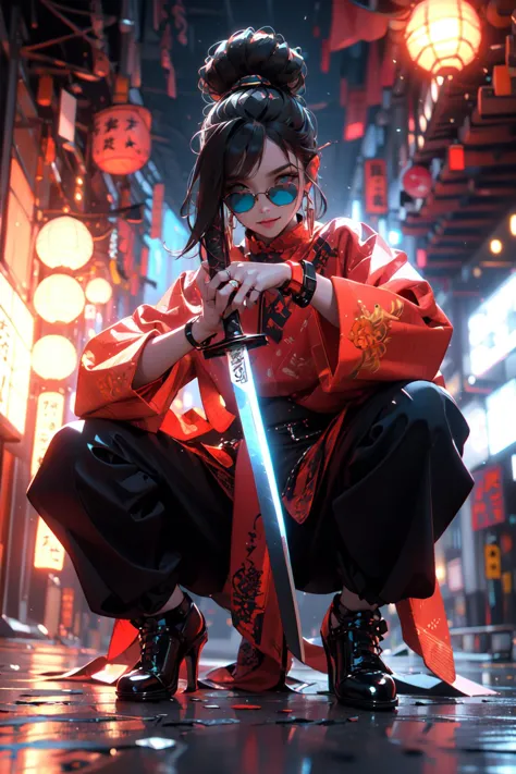 (masterpiece:1.2), best quality,cg,3d, Samurai girl,
jewelry, sword, weapon, solo, ring, black hair, 1girl, sheath, squatting, h...