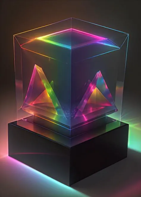 Object: Geometric Prism Sculpture, a sleek and compact design, BREAK, Appearance: Made of translucent acrylic, refracting light into a spectrum of vibrant colors, BREAK, Quality: Smooth and flawless surface, reflecting a glossy sheen, BREAK, Colors: Luminous shades of cyan, magenta, and yellow, creating a captivating chromatic display. <lyco:SpectrumAI-000014:0.6>