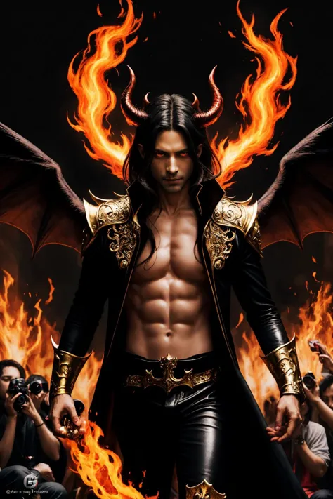 lucifer, prince of hell, demon lord, aura of power and flames, in public, photographers,  <lora:public_v3.0-locon:1>