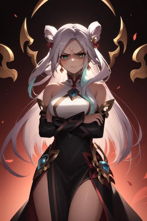 a woman with long white hair and a black dress holding a sword