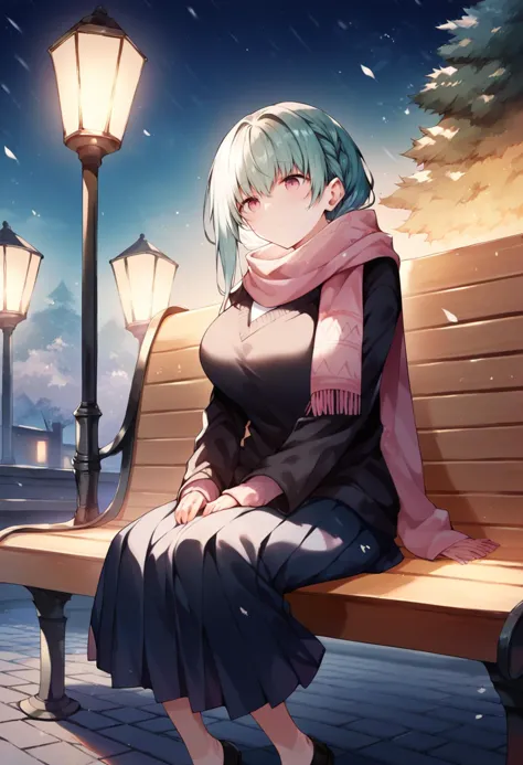 score_9, score_8_up, score_7_up, source_anime, 1girl,side braid, big breasts, sweater, black coat, scarf, aqua hair, pink eyes, pleated skirt, long skirt, night, outdoor, snowing, under a tree, dynamic light, sitting, on bench   <lora:kazutake-hazano-Style-PonyXL-Dora-000021:1>