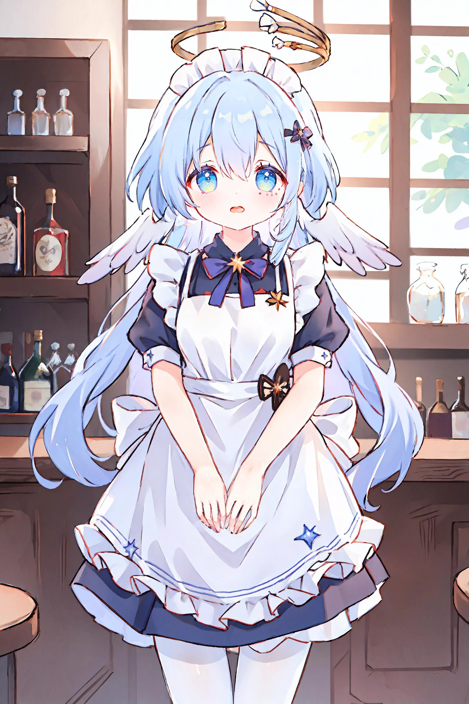 1girl, robin \(honkai: star rail\), solo, head wings, halo, maid, maid headdress, maid apron, embarrassed, pantyhose, open mouth, blush, parted lips, looking at viewer, cowboy shot, bar \(place\), indoors, depth of field