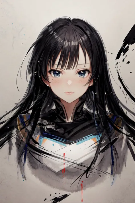 a drawing of a girl with long black hair and blue eyes