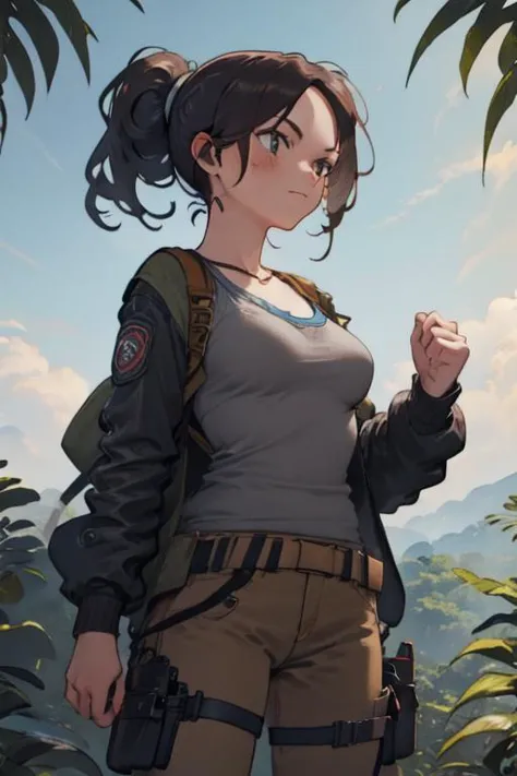 a woman in a gray shirt and brown pants standing in front of a mountain