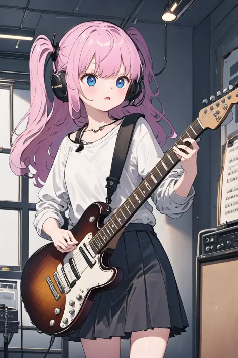 ((masterpiece,best quality))1girl, solo, black skirt, blue eyes, electric guitar, guitar, headphones, holding, holding plectrum, instrument, long hair, , music, one side up, pink hair, playing guiter, pleated skirt, black shirt, indoors