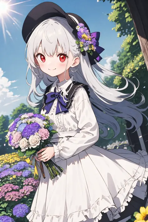 masterpiece, best quality, 1girl, solo, long_hair, looking_at_viewer, white hair, red eyes, smile, bangs, skirt, shirt, long_sleeves, hat, dress, bow, holding, closed_mouth, flower, frills, hair_flower, petals, bouquet, holding_flower, center_frills, bonnet, holding_bouquet, flower field, flower field, colorful, vivid color, blue sky, lens flare, depth of field, dutch angle