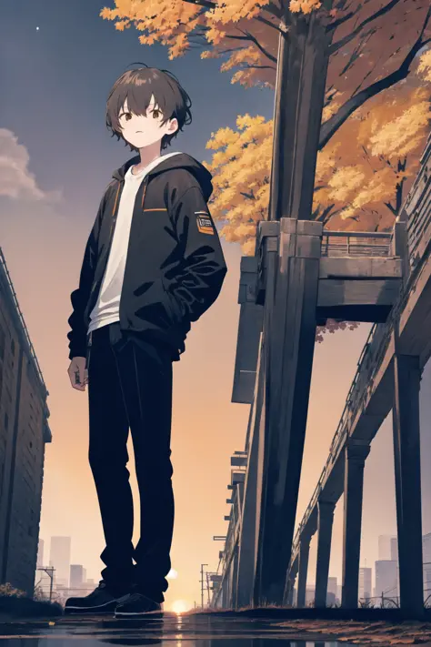 masterpiece, best quality, 1boy, flat color, limited palette, low contrast, (ligne claire), black hair, jacket, full body, standing, night sky, city, sunset, bridge, depth of field, black, red, orange, brown, autumn, haze