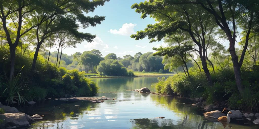 太陽が照りつけるジャングルの真ん中の湖にいるアヒル. 晴れた天気, 映画のような, 輝く反射, 傑作, 湖の周りの色とりどりの花