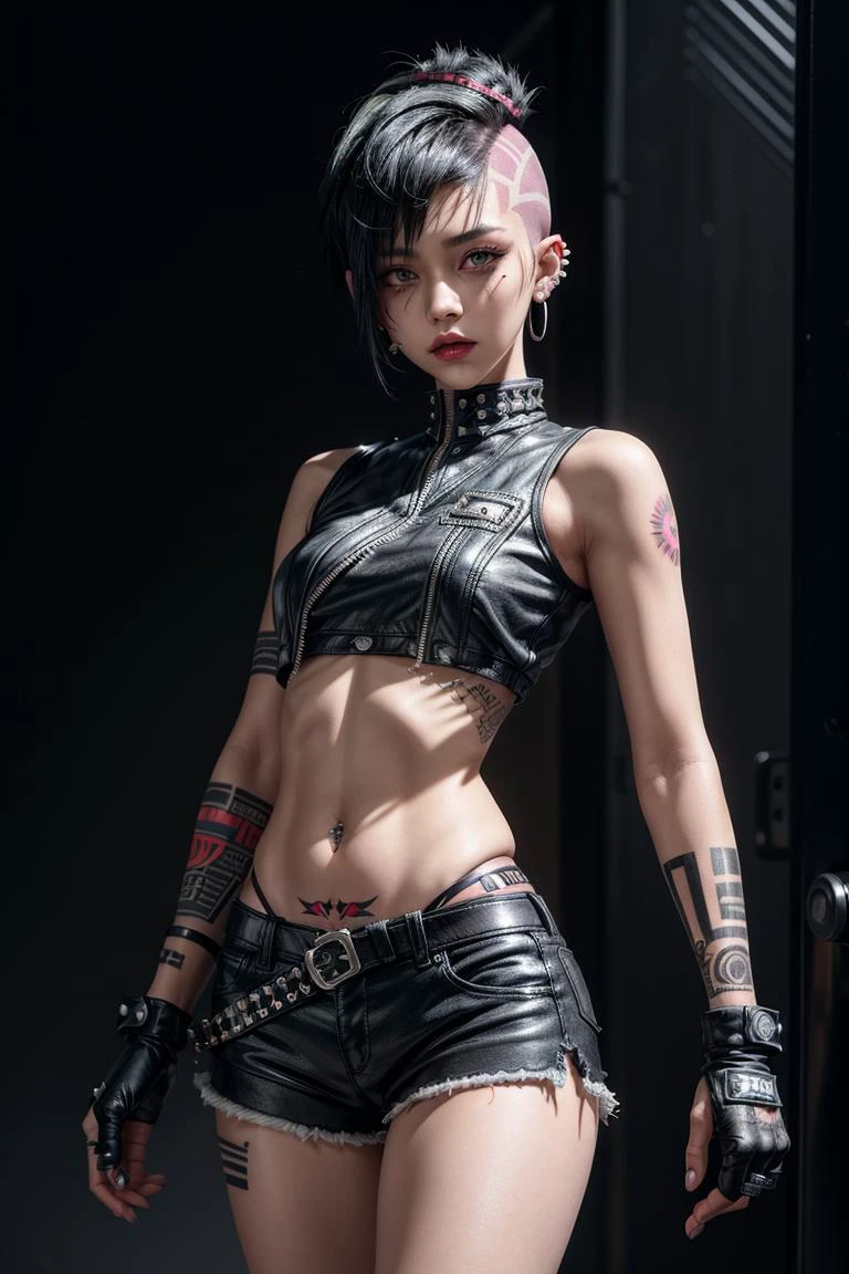 a girl with short hair, 
(punk:1.2), tattoos, piercings, (crest hairstyle:1.3),
black hair, 
gloves, 
black shorts, sleeveless shirts, 
torn clothing, 
