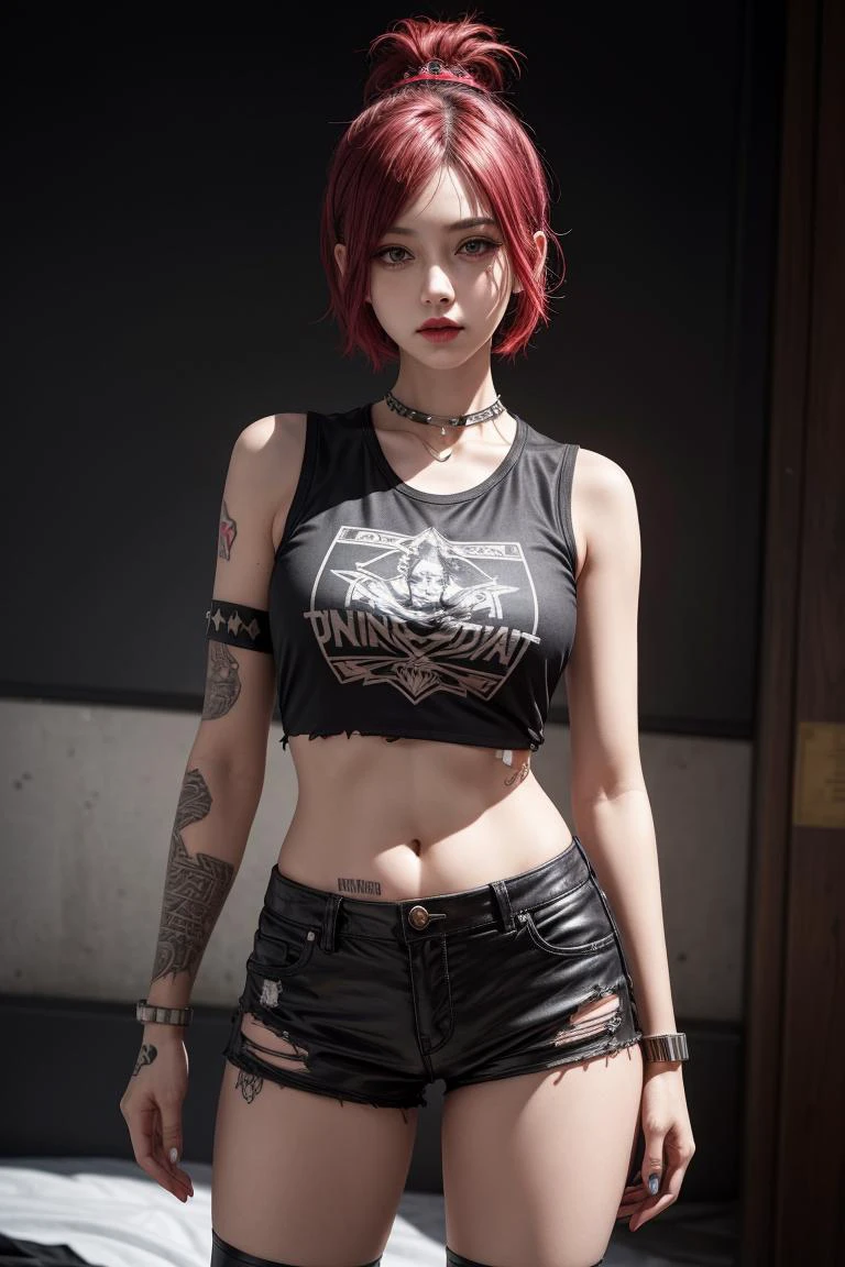 a girl with short hair, 
(punk:1.2), tattoos, piercings, Roman soldier crest hairstyle,
black shorts, sleeveless shirts, 
torn clothing, 
