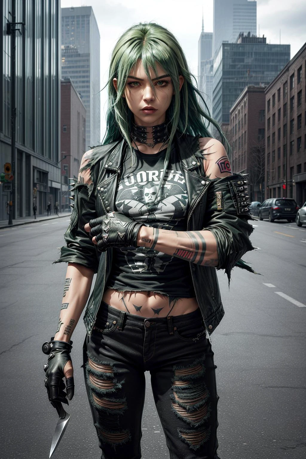 city background, blurry background, focus, 
knife, long hair, rock and roll, tattoos, jacket, spikes, t-shirt, military jeans, (torn clothes:1.2),  gloves, 
extreme details,
(imposing pose:1.2), 
shiny, shiny skin, shiny hair, shiny clothes, 
a photo of a girl with green hair, 
