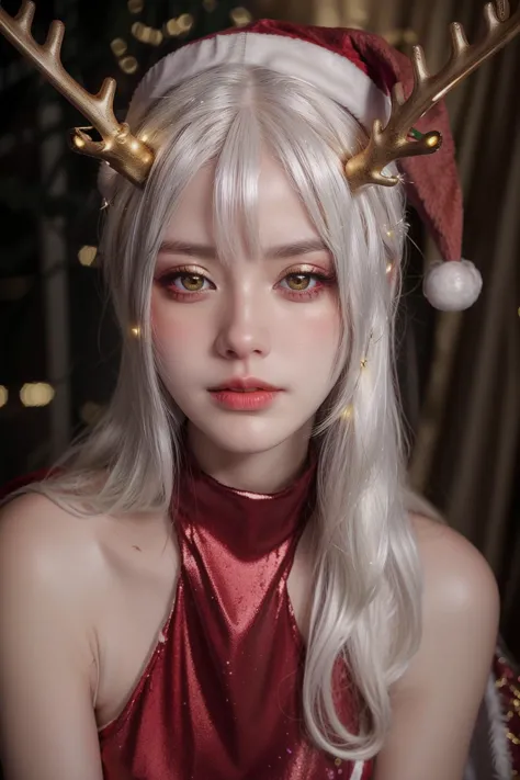 Christmas,
hat,
(white hair:1.3),
(santa costume:1.3),
red clothes, 
sparkles, particles, 
(Christmas lights:1.2), 
(red hat:1.2...