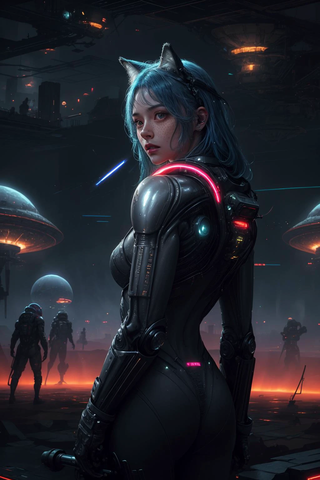 cowboy shot, 
glow, special effects, lighting, volumetric lighting, 
(freckles, top, messy hair:1.1),
(blue hair:1.2), 
warrior, looking to the side, 
long hair,
mecha, cyborg, android, space suit,
stars, starry sky,
(space ship, alien ship:1.2),
(alien:1.5), (alien world:1.3), intricate, (civilization, megastructure:1.3), futuristic,  detailed background, aurora, space, ruins, metallic, (
neons, glowing, glow:1.3), 
beautiful woman, 
animal ears, 
cinematic, masterpiece, detailed, extreme details, extreme res, lighting,
1girl, shiny hair, shiny, shiny skin, shiny clothes, realistic, (photorealistic:1.1),
PunkAI