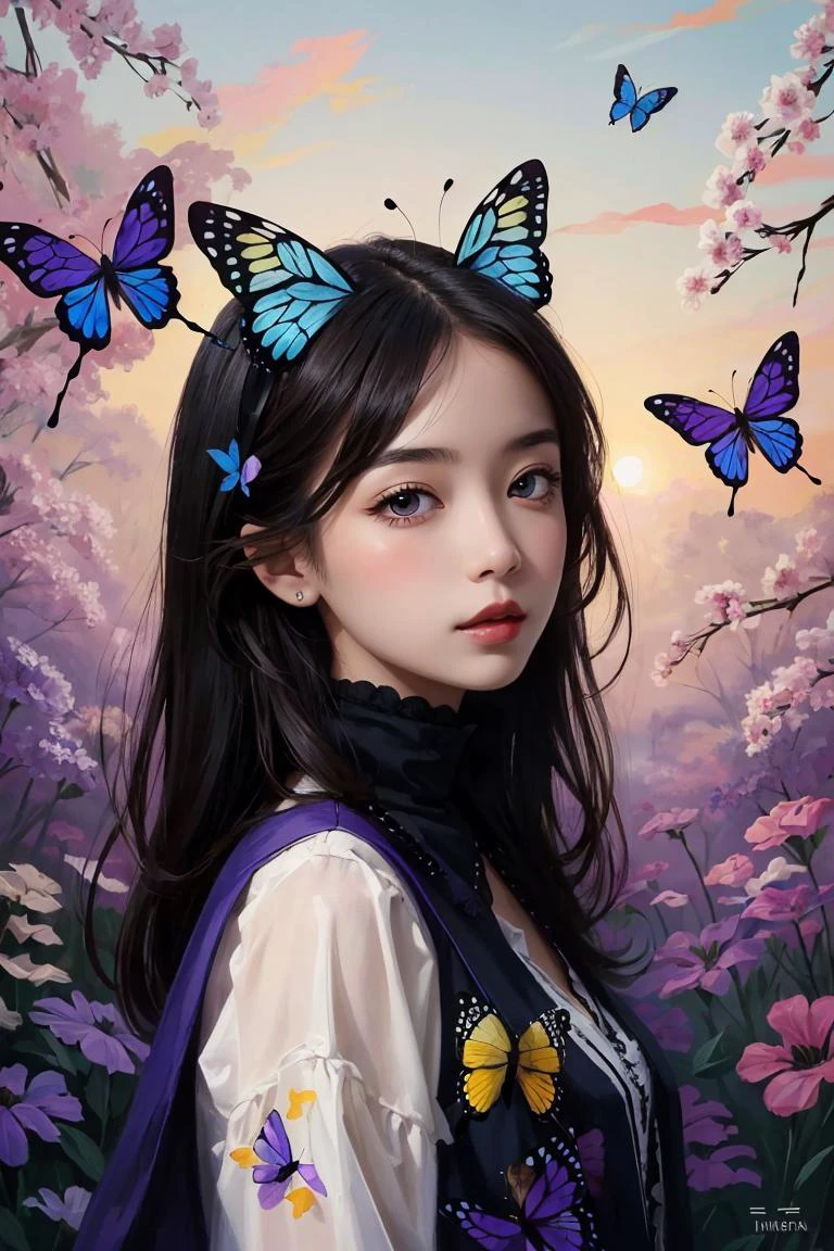 1girl, butterfly, deep purple, colorful, paint, illustration, masterpiece