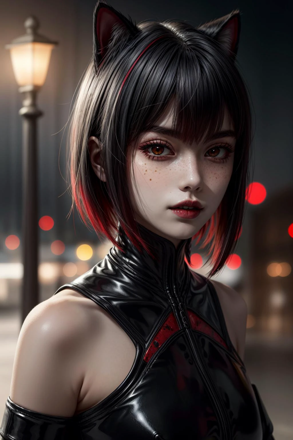 a girl at a park on a date at night with street lights,
blurry background, 
cat ears, 
black makeup, 
closeup, face, detailed eyes, eyes, extreme details, intricate,
red hair, short hair, bob cut, red eyes, 
glow, lights, shiny lights, 
low-cut,
freckles, butterfly,
shiny hair, shiny, shiny skin, shiny clothes, realistic, (photorealistic:1.1)
goth,black lipstick countess (paragon), paragon, latex, female
