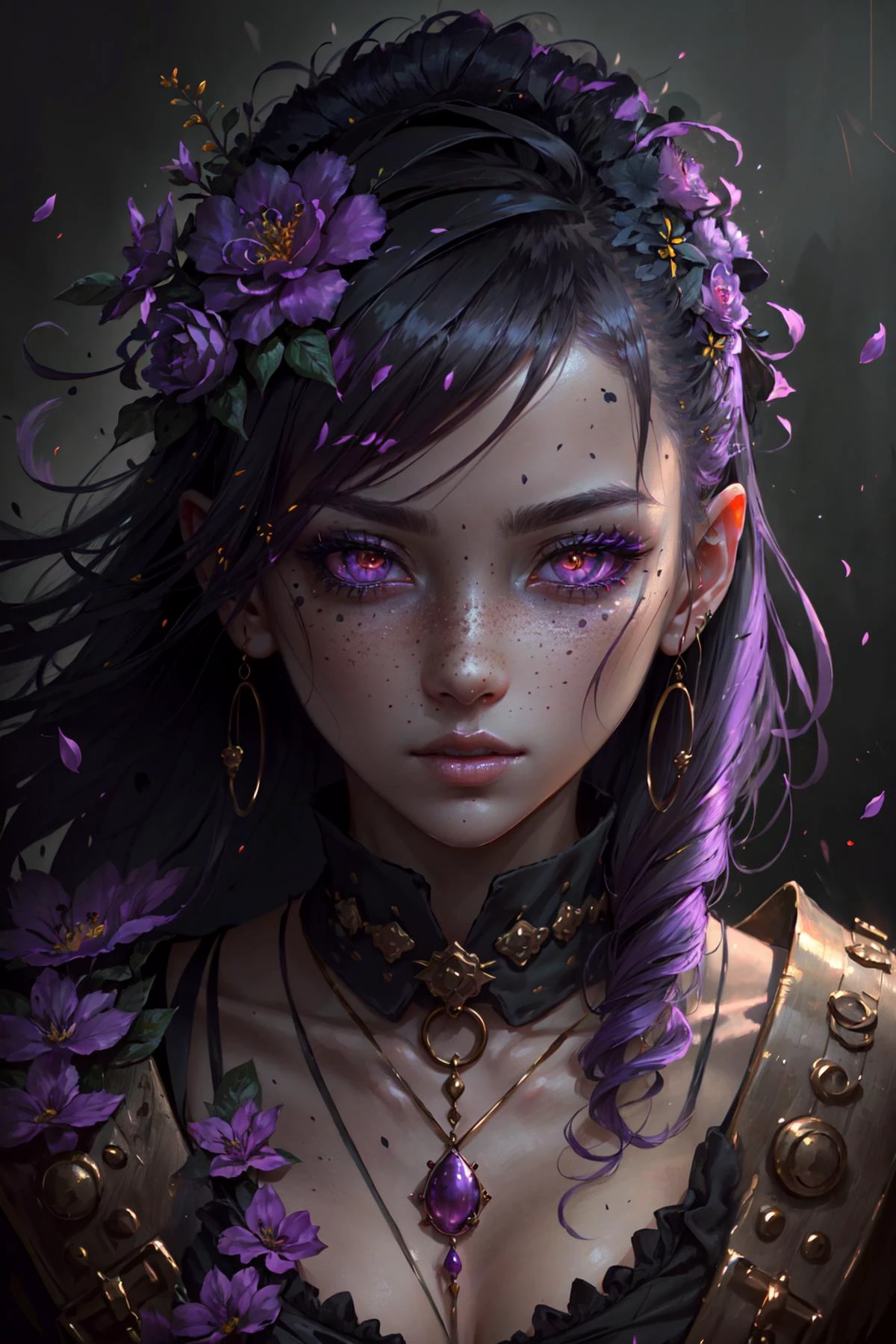 FantasyStyle_Burple, 
1girl, flowers, detailed, realistic, lighting, volumetric lighting, focus, deep purple, colorful, paint, illustration, masterpiece, pink eyes, glowing eyes, face focus, closeup shot, closeup, ((extreme details)), freckles, flower on hair
PunkAI