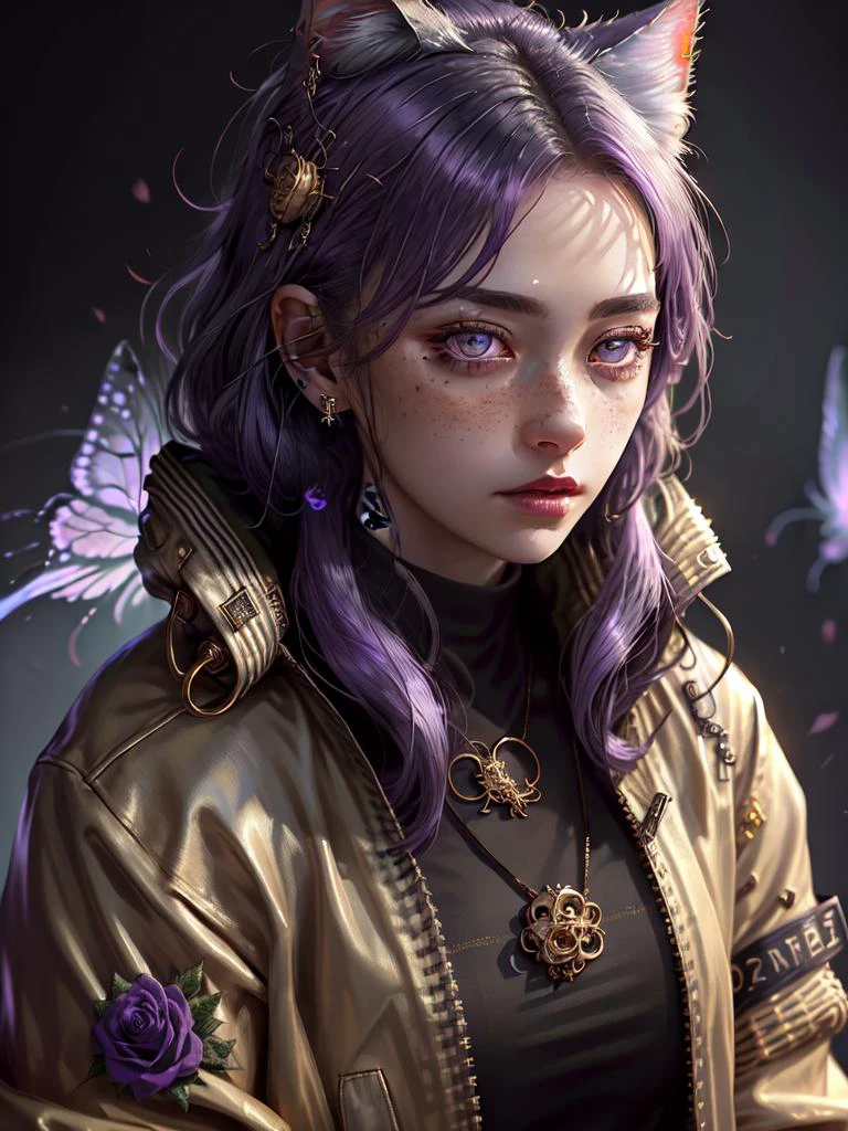 1girl, solo, masterpiece, a beautiful woman, 20-year-old woman, intricate details, realistic, blurry background, focus,
lighting, cinematic,
closeup, detailed eyes,
shiny hair, shiny, shiny skin, shiny clothes,
purple hair, cat ears, purple eyes,
(jacket:1.4),
tattoos, freckles, butterflies, roses,
PunkAI