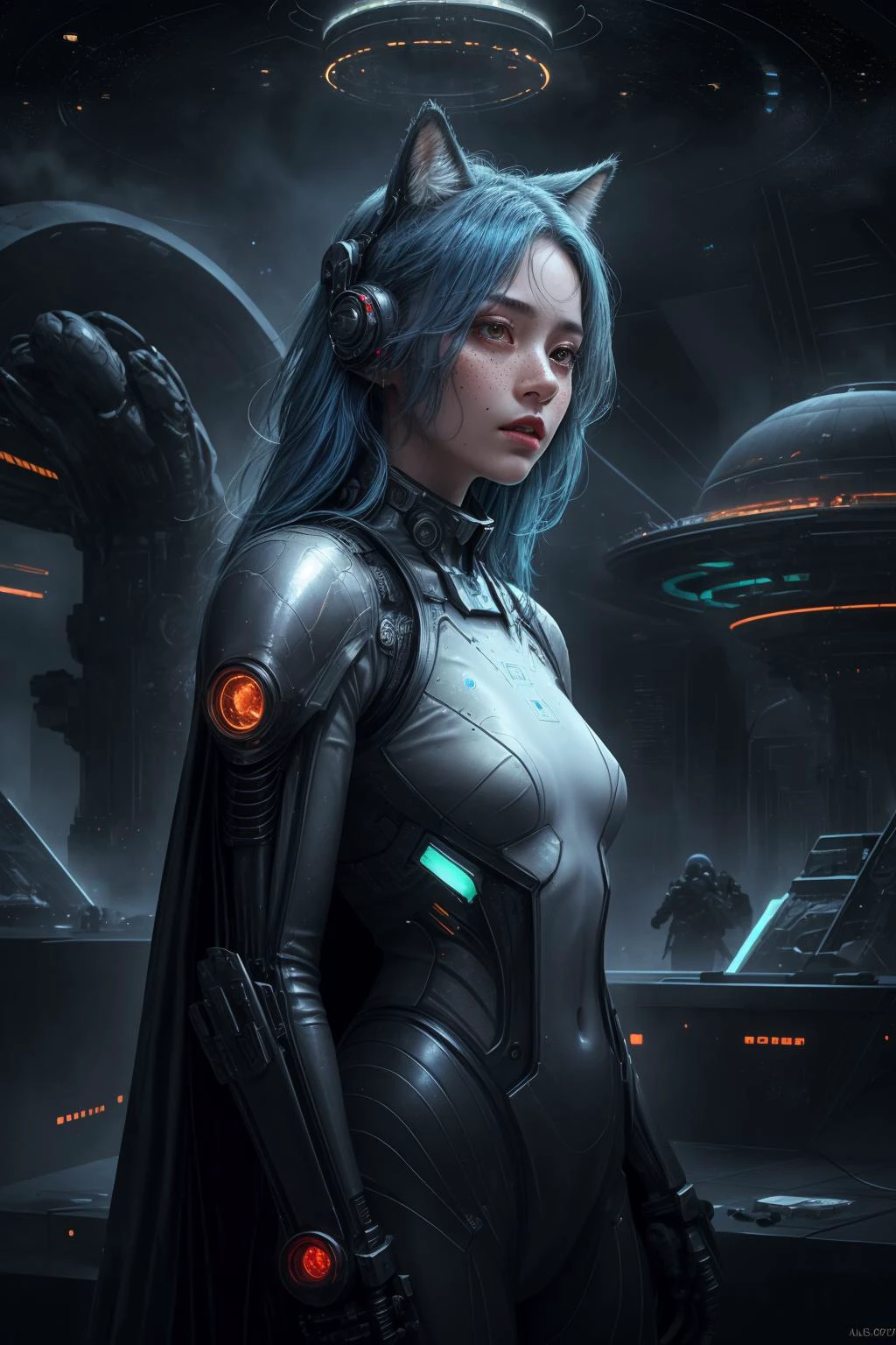 cowboy shot, 
glow, special effects, lighting, volumetric lighting, 
(freckles, top, messy hair:1.1),
(blue hair:1.2), 
warrior, looking to the side, 
long hair,
mecha, cyborg, android, space suit,
stars, starry sky,
(space ship, alien ship:1.2),
(alien:1.5), (alien world:1.3), intricate, (civilization, megastructure:1.3), futuristic,  detailed background, aurora, space, ruins, metallic, 
beautiful woman, 
animal ears, 
cinematic, masterpiece, detailed, extreme details, extreme res, lighting,
1girl, shiny hair, shiny, shiny skin, shiny clothes, realistic, (photorealistic:1.1),
PunkAI