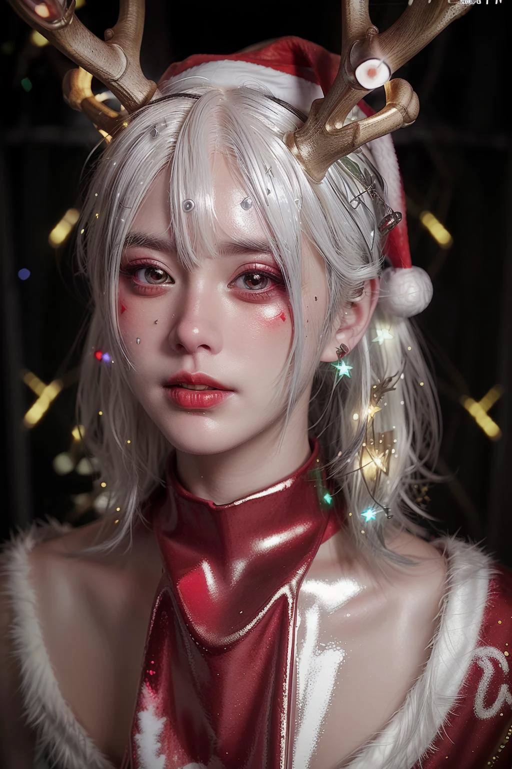 Christmas,
hat,
(white hair:1.3),
(santa costume:1.3),
red clothes, 
sparkles, particles, 
(Christmas lights:1.2), 
(red hat:1.2),
(antlers:1.2),
closeup, portrait, upper body, 
XiaMo, shiny, shiny hair, shiny skin, shiny clothes, masterpiece, extreme details, detailed, focus, masterpiece, realistic, photorealistic, 4k, 8k, 16k, highres