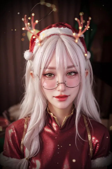 a woman with white hair wearing glasses and a santa hat