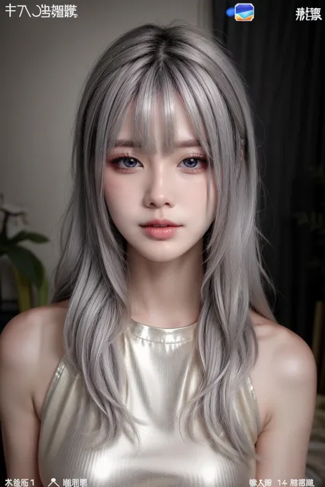 long hair,
upper body, closeup, detailed eyes, 
 <lora:more_details:0.65> <lora:XiaMoV1.0-000003:0.8> XiaMo, 1girl, solo, indoors, grey hair, white hair, upper body, bangs, fake screenshot, looking at viewer, shiny, shiny hair, shiny skin, shiny clothes