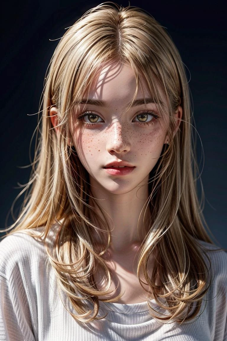 un retrato de una niña con pecas y ojos dorados, pelo teñido, 
