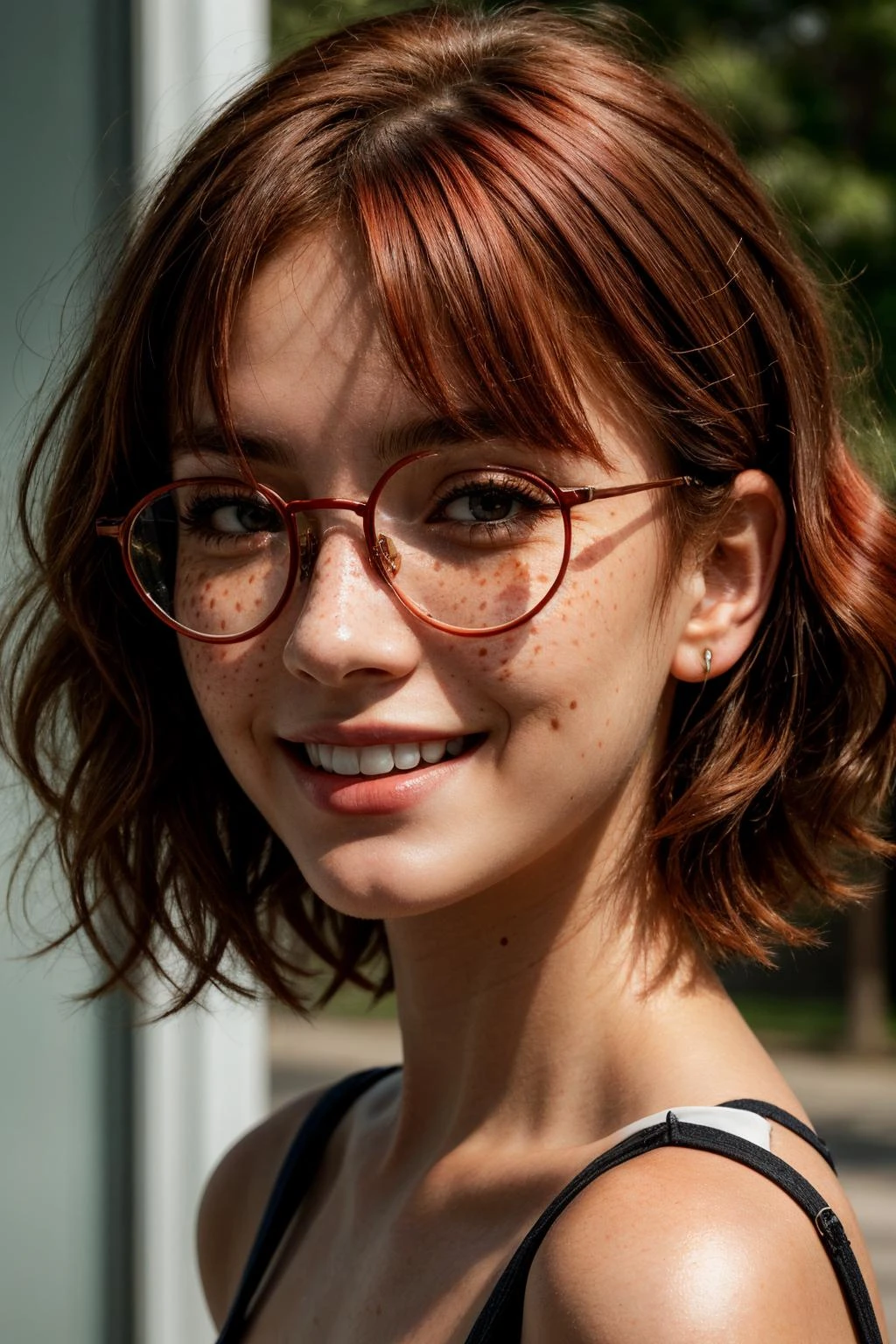 a photo of a girl's face with freckles and round glasses,
(red hair:1.2), short hair, bangs, messy hair, 
smiling, 
 shiny, shiny hair, shiny skin, shiny clothes, masterpiece, extreme details, detailed, focus, masterpiece, realistic, photorealistic, 4k, 8k, 16k, highres