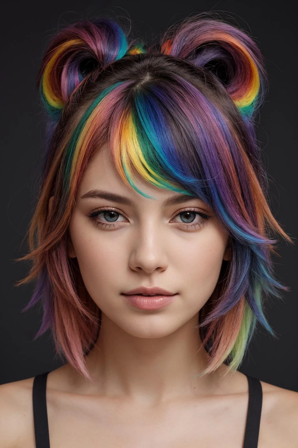 un retrato de una niña,
(pelo arcoiris:1.3)