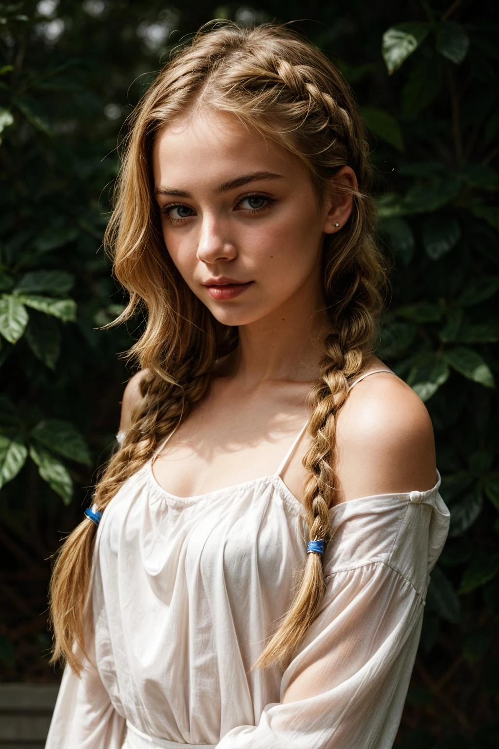 a portrait of a blonde girl with long braids, 
 