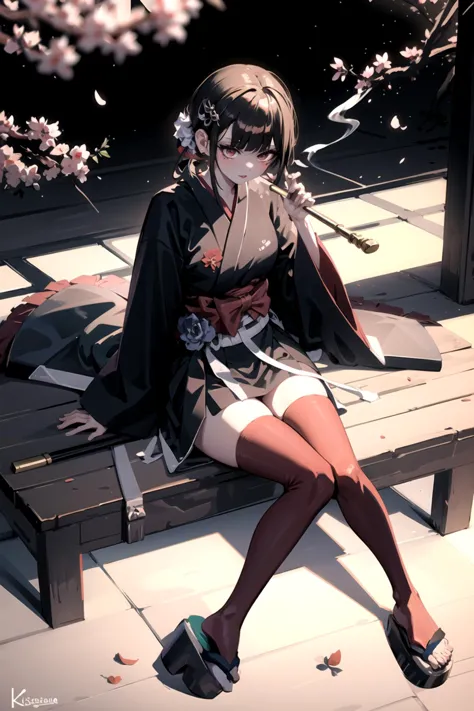 anime girl sitting on a bench with a cherry blossom in the background