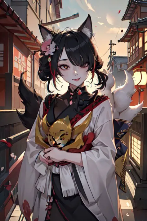 masterpiece, best quality, IncrsAhriCoven, fox tail, multiple tails, (facial mark:0.8), hair over one eye, upper body, evil smile, CourtesanT, eastern architecture, falling petals,