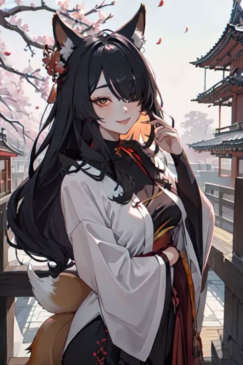 masterpiece, best quality, IncrsAhriCoven, fox tail, multiple tails, (facial mark:0.8), hair over one eye, upper body, evil smile, CourtesanT, eastern architecture, falling petals,