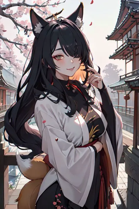 masterpiece, best quality, IncrsAhriCoven, fox tail, multiple tails, (facial mark:0.8), hair over one eye, upper body, evil smile, CourtesanT, eastern architecture, falling petals,