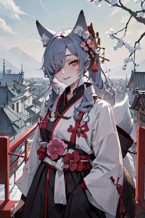 masterpiece, best quality, IncrsAhriCoven, fox tail, multiple tails, (facial mark:0.8), hair over one eye, upper body, evil smile, CourtesanT, eastern architecture, falling petals,