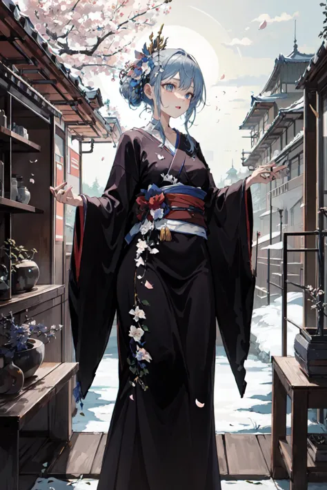 anime girl in kimono outfit standing in a narrow alley