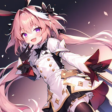 1boy, otoko no ko, male focus, solo, masterpiece, best quality, illustration, absurdres, cute, film_grain, extremely detailed face, perfect lighting, smile, cowboy shot, <lora:astolfo_saber:0.8>, long hair, pink hair, blush, bangs, hair between eyes, twintails, purple eyes, white hair, hair bow, bow, ribbon, hair ribbon, multicolored hair, streaked hair, black ribbon, low twintails, hair intakes, skin fang, rabbit, rabbit hair ornament, astolfo (saber) (third ascension), skirt, gloves, long sleeves, dress, black gloves, puffy sleeves, wide sleeves, bowtie, black dress, wing collar, black bow, buttons, skirt, white skirt, wing collar, juliet sleeves, black bowtie, layered skirt, pantyhose, black pantyhose, thighhighs, black thighhighs , smile, open mouth, fang, weapon, holding, holding weapon,