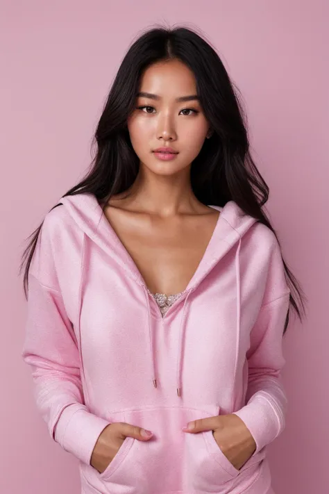 photorealistic photo of mlnhe, a woman, pink hoodie, simple background, realistic, (masterpiece:1.1), (best quality:1.1), beauti...
