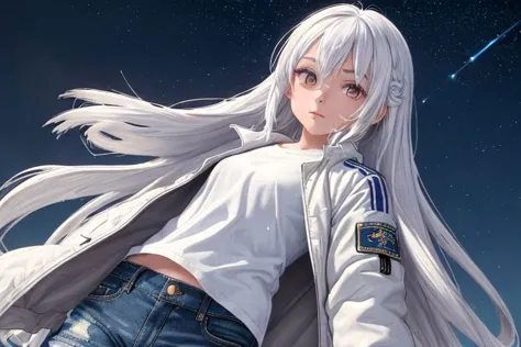 (best quality:1.1), (masterpiece:1.2), high quality shadow, beautiful detailed, (high detailed skin, skin details), (wide_landscape, 8k), beautiful face, detailed eyes, happy look, white hair, long hair, white eyes, purple jacket, dark blue jean shorts, 8k background, look from below, city, buetiful sky, detailed sky, 1girl, small snow, detayled snow, wet t-shirt, white t-shirt, detailed background, small jacket, anime, small eybrows, shy face, night time, stars, full body