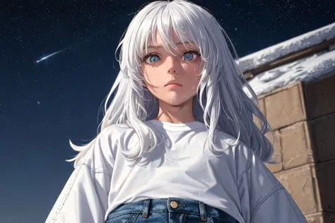 anime girl with white hair and blue eyes standing in front of a building