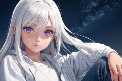 anime girl with long white hair sitting on the ground