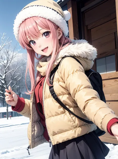 anime girl in winter clothes holding a cell phone in her hand