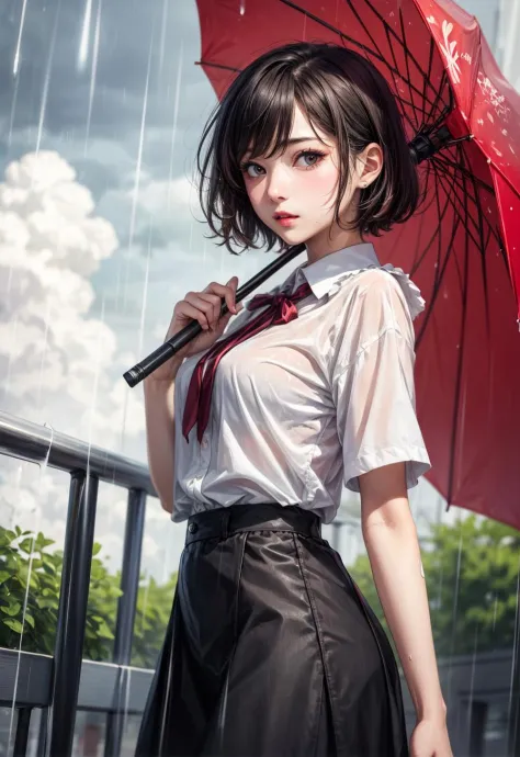 (masterpiece, best quality), absurdres, (illustration:1.5) of beautiful girl, (ultra detailed, ultra highres, ultra sharp, 8K, 4K), BREAK looking at viewer, detailed face, detailed eyes, slim, short hair, lips, BREAK outdoor, <lyco:more_details:0.6>, detailed fingers, cute clothes, skirt, 1girl, painting, anime, blush, embarrassed, (rain, rainy day), holding red umbrella, wet transparent clothes